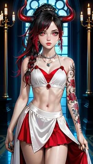 Very long hair ponytail, (Short Textured Haircut), (ruby Rose Hairstyle), (oval shape head), (round head), (feminine belly), (high cheekbones), (beautiful face), (strong jawline), (Beautiful glowing red eyes), (almond-shaped eyes), (long lashes), (tin eyebrows), ((full lips), (170cm high), ((slim body)), (dark nails), (silver necklaces and earrings), (tattoos), (tattoos 10% body), (small breasts), (perky breasts), (small ass), (round ass), (firm ass), (toned legs), (lean legs), (feminine legs), (well-defined feet)), frieren-aura, horns, pink, hair, purple, blue, eyes, multiple, braids, bare, shoulders, black, gloves, thighhighs, elbow, navel, cutout, white, skirt, red, cloth/skirt, cleavage, <lora:add-detail-xl:2>, <lora:Colorful Hair Slider_alpha1.0_rank4_noxattn_last:2>, <lora:loraeyesxl:2>, <lora:DetailedEyes_V3:2>, <lora:aura-animagine:1>