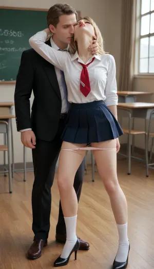 girl 18 old, (head thrown back:1.1), blonde, green eyes, school uniform, black heels, white socks, (fucked from behind), panties down, cream pie, classroom, students watching