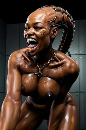 Super realism, ((black skin)), xenomorph queen with human face, ((spread hands)), chained to the walls, cell, black-skinned female, no tail, no hair, ((perfect woman face)), (((human face))), ((perfect human pussy)), pussy fucking, big dick, monster cock, POV, human massive dick, fuck with man, high detail pussy, high realistic, beautiful 20yo woman face, ((front of head human from forehead transitioning to elongated back part xeno)), ((human face of beautiful woman with normal teeth and eyes)), oiled body, wet body, <lora:xenomorph:.5>, <lora:cowgirl-2.0:.5>