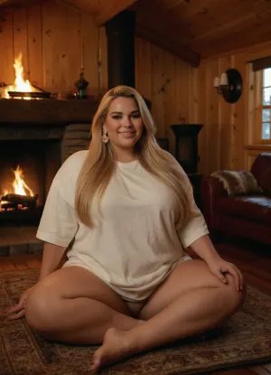 20 year old milf, long blond hairstyle. oversized ssbbw. Oversized thick thighs and oversized wide hips. wearing only oversized wide long tshirt. Big earrings. Lovely smile. Seductive posing on bear-fur-carpet by fireplace. Location wooden cabin, fireplace.