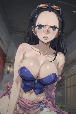 masterpiece, Futanari, futa, taker, POV, POV from below, POV from underneath, POV taker, detailed, large penis, disgusted expression, angry expression, sucking POV, looking down at viewer, reaching forwards both arms, close-up, nico, robin, long, hair, black, slicked, back, eyewear, head, sunglasses, blue, eyes, collarbone, cleavage, jacket, cropped, partially, unzipped, sleeves, midriff, sarong, print, forehead, bare, shoulders, dress, sleeveless, bangs, thighhighs, pov, young adult girl, on, top, straddling, veiny, penis, futanari, erection, testicles, large, <lora:nico_robin_v1:.5>, <lora:POV_KISS:.25>, <lora:NicoRobinV1:.5>, <lora:futaveiny6:.5>, wanostyle, <lora:wanostyle_2_offset:.5>