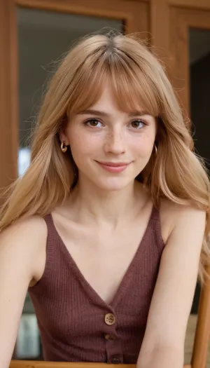A young woman sitting on a wooden chair indoors, casually leaning her head on one hand. She has medium-length, slightly wavy strawberry blonde hair with soft bangs framing her face. Her skin is fair with a light rosy undertone, and her face shows faint freckles across her cheeks and nose. She has expressive brown eyes with a friendly and curious gaze, framed by thin eyebrows that match her hair color. Her nose is small and slightly upturned, and her lips are medium-sized with a natural pink tone, smiling subtly.

She is wearing a textured brown knit dress with large buttons down the front, its V-neckline subtly framing her neck and collarbones. Her build is petite, with a slender frame and natural proportions. Her ears are visible, adorned with small, simple earrings. The background includes blurred elements

Show her full body