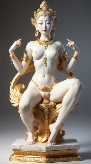 Eine atemberaubende chinesische Frauen mit einer bodhisattva Avalokitesvara Statue, Gold-Accessoires auf ihrem Körper, Spreizung Bein zeigt ihre nackte Vagina, glatt strukturierte Haut und glatt strukturierte Haut