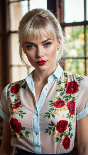 La jeune femme dans la blouse blanche d'inspiration vintage avec un motif floral vibrant avec des fleurs jaunes, des feuilles vertes et des roses rouges porte un rouge à lèvres rouge audacieux avec un sourire subtil et ludique. Elle déboutonne sa blouse révélant son décolleté