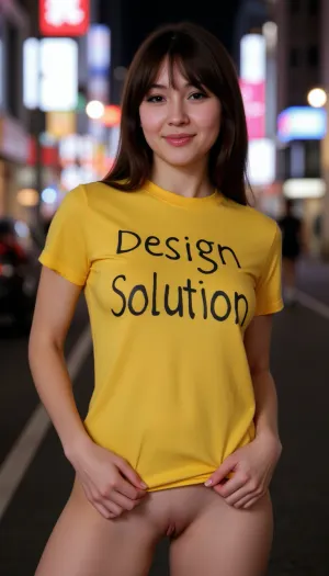 Die AI generierte Text Malerei auf Frauen T-Shirt "Design Solution" Mode-Porträt USA Mädchen in Geisha Make-up gegen die Kulisse der Nacht Neon Tokio absolut nackt kleine Brüste gelb durch Leggings Café nike Vollkörper