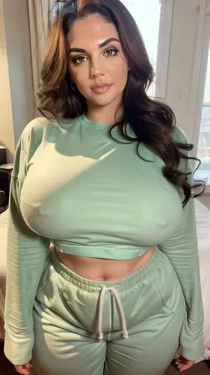A beautiful woman with long curly brunette hair, a sexy figure, and smoking a cigarette in front of a large bed. She had an incredibly sexy figure with huge breasts and curvy hips. Her face was extremely cute and she had the perfect
