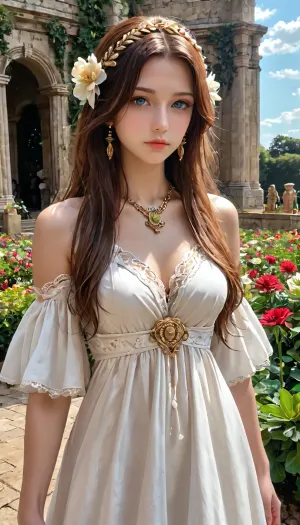 Im malerischen Garten stand eine schöne griechische Göttin mit langen Haaren und einem Peploiskleid vor dem Meisterwerk der Venus. Der Hintergrund wurde mit weißen Blumen gefüllt, die in der ruhigen Atmosphäre