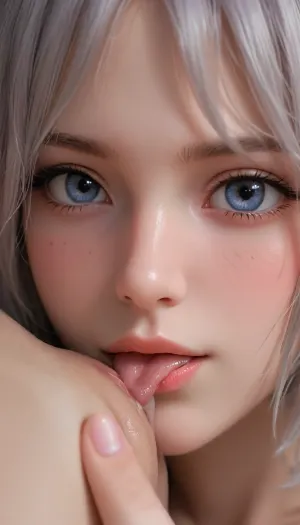 两个女孩,穿着皇家紫色的蕾丝内衣,在探索对方身体时热情地亲吻. 其中一只伸到旁边的桌子上一个小盒子上,并将一些清澈的液体倒在手指上. 他们把它涂进他们的