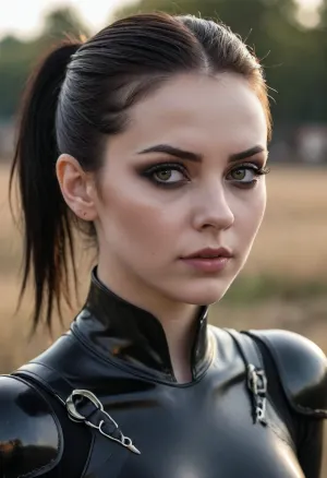 The character's eyes are dark and piercing, with a glint of mischief in them. Her hair is long and flowing, with a slight wave to it. She is wearing a black medieval high-heeled stiletto combat boots,