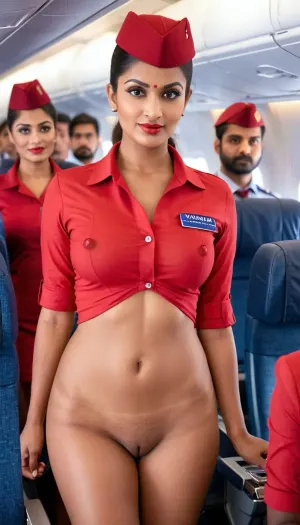 भारतीय यात्रियों से भरा विमान में खड़े एयर होस्टेस एक सेक्सी रेड कैप पहने हुए थे और कैमरे की ओर देख रहे थे। उसके पास एक सुडौल आकृति, सुंदर चेहरा और एक तस्वीर-सही निचला शरीर था। उसके लंबे बाल नीचे बह रहे थे