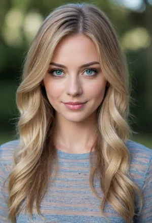The young woman in the portrait is stunning, with a natural beauty that is hard to capture. Her eyes are bright and expressive, her smile radiant and inviting. She is wearing a flowing yellow and white striped top, sequin top, round