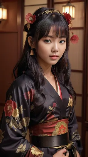 The young samurai woman stood in the traditional Japanese house, her attire emphasizing her elegance and beauty. Her katana sword was deep black and red floral pattern, emphasizing her femininity and strength. The lighting in the room was warm, creating