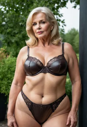 Une femme de 65 ans s'admirait dans sa lingerie en cuir, admirant son look mature avec une lingerie en cuir taille haute et une image glamour d'elle-même. Elle avait des joues potelées et un look mature très sexy