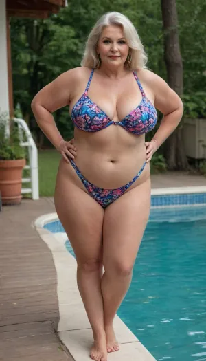 Une beauté russe bbw gilf avec une silhouette étonnante et des cuisses épaisses pose séduisantement dans un maillot de bain, montrant ses courbes voluptueuses et son corps parfaitement tonique