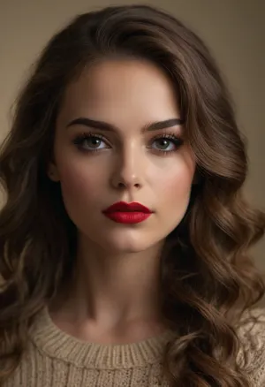 A breathtaking portrait of a young woman with long light brown wavy hair, cascading over her shoulders, (intricate brown knitted sweater:1.2), standing before a smooth, (vanilla cream colored background:1.3), . Her eyes are mesmerizing, framed by, (smokey sultry eye makeup, voluminous lashes:1.3), and, (bright red lipstick:1.2), that pops against her fair skin. The lighting is dramatic and moody, (chiaroscuro lighting:1.4), with strong shadows playing across her face, achieved with a slight, (Dutch angle:1.3), creating an artistic effect. The overall mood is, (sensual, alluring, with a feeling of anticipation and desire:1.3), captured in a, (high-resolution, detailed:1.1), (professional photography:1.2), style, focusing on, (soft skin textures, realistic details:1.2), . masterpiece, best quality, 8k, RAW photo, soft light., ZipRealism