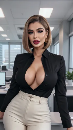 La mujer en la oficina es una belleza rusa con un cuerpo perfecto y una sonrisa seductora. Tiene un corte de pelo asimétrico, oreja redonda de oro, y lleva ropa de oficina. Su maquillaje es impecable, destacando sus hermosas características