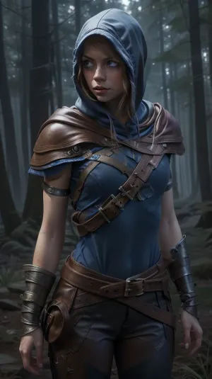 masterpiece, best quality, spellthieflux, hood, capelet, blue shirt, glowing, bracelet, belt, brown pants, boots, night, stars, forest, blue theme, blue glow, looking away, sad, <lora:spellthieflux-nvwls-v1-final:.5>