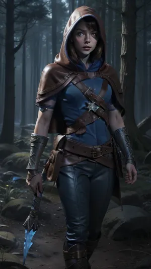 masterpiece, best quality, spellthieflux, hood, capelet, blue shirt, glowing, bracelet, belt, brown pants, boots, night, stars, forest, blue theme, blue glow, looking away, sad, <lora:spellthieflux-nvwls-v1-final:.5>