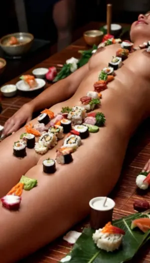 (naked skinny thai woman lying on her back on a table with many kinds of food on her body, tanned skin, sweaty skin, show armpit, full body view), nyotaimori, food, <lora:nyotaimori-000050:.8>