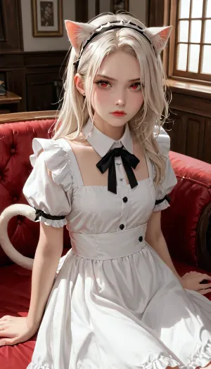 1girl, (long_hair, white_hair:1.2), white_dress_shirt, maid_dress_set, headband, (cattail, catear:1.2), sitting, catcafe, (white_tail, white_ear:1.2), (red_eyes:1.2), grumpy