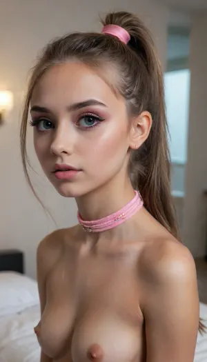 (RAW Photo:1.5), RAW Photo, (Young Girl:1.4), (18 Years Old:1.8), ((topless)), (((Skinny))), Very Beautiful, (((Cute))), (((Petite))), Instagram Model, (((Cute Little Face))), (((Tanned Skin))), Highly Detailed Skin, Toned Body, (Choker), (((Makeup))), (((Long Big Eyelashes))), Pink Lipstick, (Big Eyes), Perfect Eyes, (((High Single Long Ponytail))), Submissive Pose, Highly Detailed, Ultra-Realistic, Photorealistic, (RAW Photo:1.4), Indoor, Bedroom, Luxury Apartment, Perfect Lighting, Cinematic Lighting, lyndaparraxl, (((long nipples))), <lora:add-detail-xl:.4>, <lora:DetailedEyes_V3:.6>, <lora:xl_more_art-full_v1:.6>, <lora:detailed_notrigger:.5>, <lora:LyndaXL:1.2>