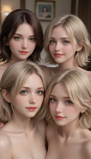 a group of 6 Sisters, all Blonde, slightly above shoulder lenght hair, green eyes, warm smile, no visible makeup, small firm tits, athletic body, naked, only upper body