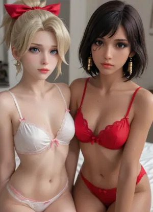 1 man 2 girls. Pharah and mercy from Overwatch pose sexily for a man. They both wear sexy red valentine’s lingerie made of ribbons. Sweaty skin. Sexy faces. Naughty smiles. Male pov. They kneel and touch his legs.
They press their faces together cheek to cheek as they kneel and face the man. Naughty expressions of desire. The look at the camera and share naughty grins