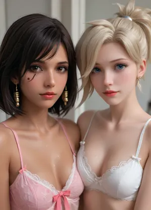 1 man 2 girls. Pharah and mercy from Overwatch pose sexily for a man. They both wear sexy red valentine’s lingerie made of lace and ribbons. Sweaty skin. Sexy faces. Naughty smiles. Male pov. They kneel and touch his legs. Smile at the camera as they touch each other.


They press their faces together cheek to cheek as they kneel and face the man. Naughty expressions of desire. The look at the camera and share naughty grins