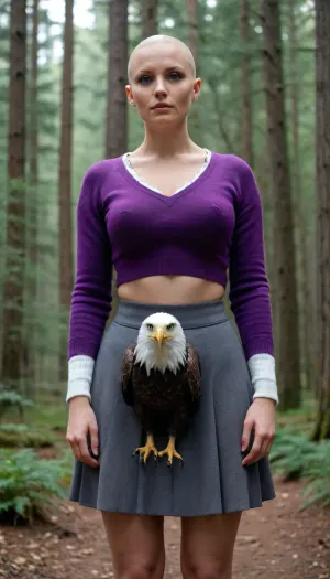 masterpiece, best quality, girl, solo, DEFRdef, purple eyes, huge breasts, skirt, sweater around waist, cleavage, forest, eagle, bald eagle, bird, pet