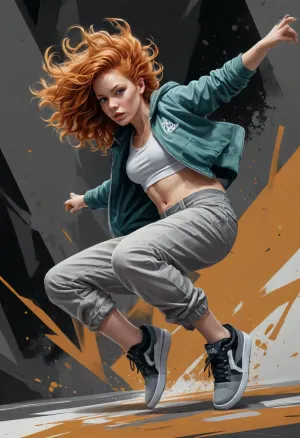 Réflexions du gingembre

- Oui.

Une fille avec des cheveux de gingembre naturels et des angles aigus dans ses poses est devenue le centre de l'attention à un événement hip hop. Ses mouvements de cambriolage ont été envoûtants car elle a combiné l'exécution parfaite avec un style unique, dessinant des yeux admirants de partout. L'art mural, réalisé dans le style de Martin Ansin, présentait des formes dynamiques et des angles aigus, créant un contraste frappant avec l'énergie vibrante de la foule. Les mouvements de la jeune fille reflétaient l'esthétique audacieuse et graphique de l'art néo-concret, faisant de sa performance un mélange sans faille d'art et de mouvement. Sous sa fluidité, un sens de la force et de la précision était évident, reflétant l'artisanat méticuleux des sérigraphies de grzegorz domaradzki.