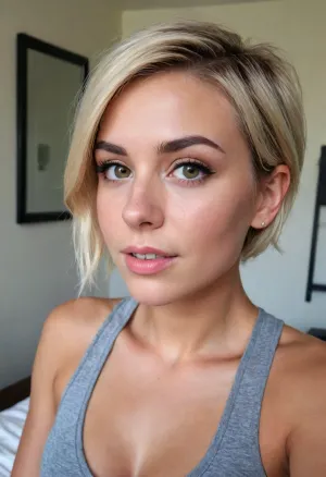 Intimate portrait of a 21 Year old fit girlfriend in her college dorm bedroom, (ashen blonde hair styled in a short pixie-cut with textured waves with dark roots:1.4), , (selfie, raised selfie, mirror selfie, Instagram selfie, dating app selfie:1.2), muscular body, body builder, showing off six-pack-abs, muscular shoulders, subtle freckles, dimples, cheek dimples, dimples in cheeks, seductive smirk, conspiratorial smile, feline grin, mischievous eyes, spunky attitude, feisty attitude, high energy, rockstar attitude, chic sports bra, ZipRealism, <lora:sunnyrayyxo_v1_SDXLBase:.4>, shredded, <lora:shredded woman:.5>