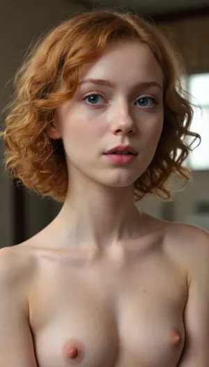 1 girl, 18 years old russian, slender slim, small breasts, small slender ass, curly ginger short hair