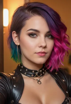 selfie photo of cyberpunk rocker girl, (vibrant multi-color hair styled in a short undercut pixie-cut with textured waves with dark roots:1.4), , (punk, punk rock, emo girl, alt-girl, corset top:1.4), (selfie, raised selfie, mirror selfie, Instagram selfie, dating app selfie:1.2), subtle freckles, dimples, cheek dimples, dimples in cheeks, seductive smirk, conspiratorial smile, feline grin, mischievous eyes, spunky attitude, feisty attitude, high energy, rockstar attitude, ZipRealism, sk_cyberpunk, <lora:sunnyrayyxo_v1_SDXLBase:.4>