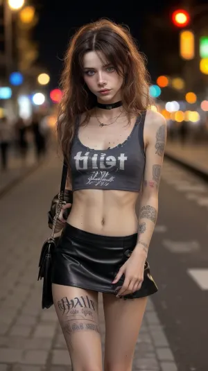 skinny 18 year old, German prostitute, dirty, trashy, tatoos, no makeup, brunette, freckles, messy hair, skin, naval, indecent, carrying purse, tiny, skirt, microskirt, high heels, busy sidewalk at night, Cologne Germany, flash photography, model stance, shirt with no bra, bad neighborhood, perfect face, ca45mv7-100, photo, of, perfecteyes, eyes, eye contact, <lora:lora_perfecteyes_v1_from_v1_160:.5>, bttrfrckl