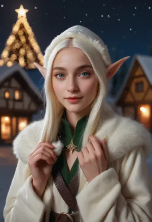 upper body view, medieval fantasy style, young beautiful 18 year old snow elf girl, (natural pointed long elven ears:1.2), skinny, thin waist, white skin, long straight hair, white hair, evening makeup, short winter coat, (winter hat with bombshell), gloves, a girl stands in the middle of a snowy street, (girl holds her hands to her face), smile, perfect teeth, night city ​​in fantasy elven style, Christmas, night, full moon, starry sky, (highly detailed face:1.3), <lora:CuteLora:.5>, <lora:FaeStyle:.5>