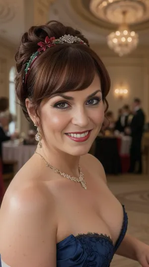 (4K UHD ultra-detailed RAW photo), high detailed, 8k, (photorealistic:1.7), Pin-up fit women 50 yo, (ball gown, elite high class ball, beautiful Victorian ball room, large ball room), (shy smile, loving expression), coloured headband, red bob bangs haircut, 1/2 length view, (makeup:1.3), (4K, high resolution, best quality), <lora:weight_slider_v2:.9>, <lora:curly_hair_slider_v1:.1>, <lora:hair_length_slider_v1:-1>