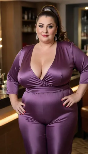 60 years old bbw women, russian, with ponytail hairstyle, greying brunette hair, (oversized fat bbw:1.3), (fupa:1.3), old beauty, with oversized thick thighs. Diva makeup. In elegant satin jumpsuit, v-neck, decollete. Big earrings, big necklace, juwilliry. Seductive posing. Location bar, cocktail party, soft light on the model face, cinematic. Best quality photo, 8k photo, high detail, high resolution photo.