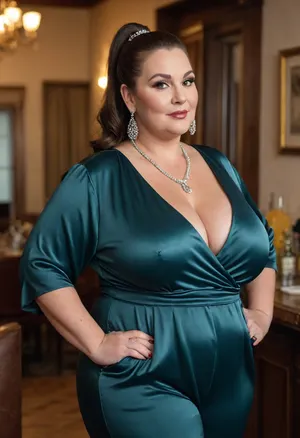 60 years old bbw women, russian, with ponytail hairstyle, greying brunette hair, (oversized fat bbw:1.3), old beauty, with oversized thick thighs. Diva makeup. In elegant satin jumpsuit, v-neck, decollete. Big earrings, big necklace, juwilliry. Seductive posing. Location bar, cocktail party, soft light on the model face, cinematic. Best quality photo, 8k photo, high detail, high resolution photo.