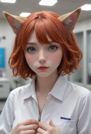 (illustration, animation, style of Dan Mora:1.4), , illustration of a woman turning into a catgirl, mad science lab decor in background, rose-red hair with dark roots, (catgirl, furry, petgirl:1.4), (science lab, science experiment, hybrid, chimera:1.4), Zip2D, SK_DigitalArt