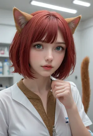 (illustration, animation, character design, style of Ilya Kuvshinov:1.4), , illustration of a woman turning into a catgirl, mad science lab decor in background, rose-red hair with dark roots, (catgirl, furry, petgirl:1.4), (science lab, science experiment, hybrid, chimera:1.4), Zip2D, SK_DigitalArt