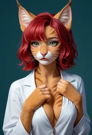 (illustration, digital art, character concept art, style of Dan Mora:1.4), , illustration of a woman turning into a catgirl, mad science lab decor in background, rose-red hair with dark roots, (catgirl, furry, petgirl:1.4), (science lab, science experiment, hybrid, chimera:1.4), Zip2D, SK_DigitalArt