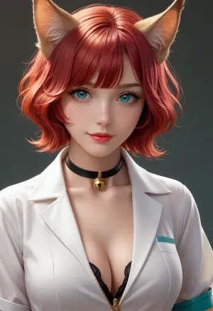 (illustration, digital art, character concept art, style of Dan Mora:1.4), , illustration of a woman turning into a catgirl, mad science lab decor in background, rose-red hair with dark roots, mischievous feline grin, (catgirl, furry, petgirl:1.4), (science lab, science experiment, hybrid, chimera:1.4), Zip2D, SK_DigitalArt