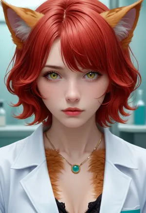 (illustration, digital art, character concept art, style of Dan Mora:1.4), , illustration of a woman turning into a catgirl, mad science lab decor in background, rose-red hair with dark roots, (catgirl, furry, petgirl:1.4), (science lab, science experiment, hybrid, chimera:1.4), Zip2D, SK_DigitalArt