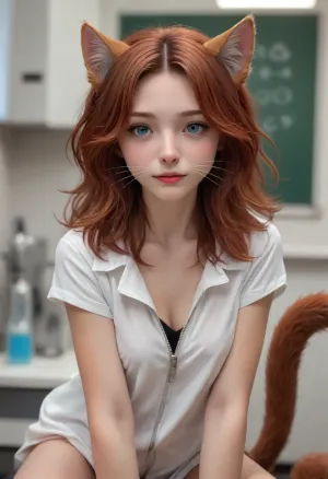 (style of Jay Anacleto:1.4), , (illustration, digital art, character concept art, comic style:1.2), illustration of a 24-year-old woman turning into a catgirl, mad science lab decor in background, long rose-red hair with with golden undertones, nice crinkled in a mischievous feline grin, mad science laboratory in background, (catgirl, furry, petgirl, transformation, cat whiskers, feline tail, feline legs:1.2), (science lab, science experiment, hybrid, chimera:1.2), Zip2D, SK_DigitalArt