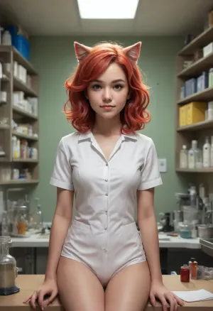 (style of Sachin Teng:1.4), , (illustration, digital art, character concept art, comic style:1.2), illustration of a woman turning into a catgirl, mad science lab decor in background, long rose-red hair with with golden undertones, nice crinkled in a mischievous feline grin, mad science laboratory in background, (catgirl, furry, petgirl, transformation, cat whiskers, cat tail), (science lab, science experiment, hybrid, chimera:1.2), Zip2D, SK_DigitalArt