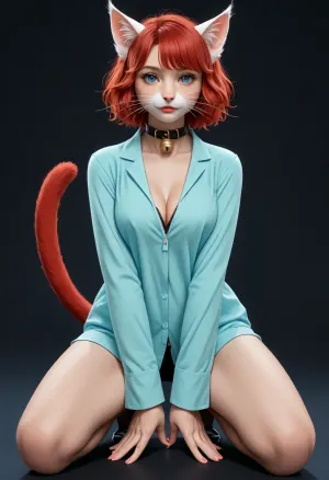(style of Jay Anacleto, illustration, digital art, character concept art:1.4), , illustration of a 30-year-old woman turning into a catgirl, mad science lab decor in background, long rose-red hair with with golden undertones, nice crinkled in a mischievous feline grin, wearing a choker with a bell, crouched on all 4 legs, mad science laboratory in background, (catgirl, furry, petgirl, transformation, cat whiskers, feline tail, feline legs, collar with bell:1.2), (science lab, science experiment, hybrid, chimera:1.2), Zip2D, SK_DigitalArt