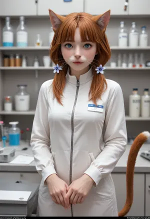 (style of Jay Anacleto:1.4), , (illustration, digital art, character concept art, comic style:1.2), illustration of a 30-year-old woman turning into a catgirl, mad science lab decor in background, long rose-red hair with with golden undertones, nice crinkled in a mischievous feline grin, mad science laboratory in background, (catgirl, furry, petgirl, transformation, cat whiskers, feline tail, feline legs:1.2), (science lab, science experiment, hybrid, chimera:1.2), Zip2D, SK_DigitalArt