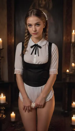 18 years old girl pigtails collar standing in front of 50 years old man holding pussy, perfect hands, she has been trained well, she only wants to please home with her body, she is looking forward to getting fucked, a, priest holds his large cock in his hand, she is 5 foot 6 inches tall, he is 6 inches taller than she is, her drkfntasy, NSFW, she is wearing mesh panties, candle lit, ((inside dark enclosed ceremonial alter room, deep carpets and tapestries, sunlight through cracks in walls)), candles lit in background, he has his hands in her panties, perfect face, instagram model, white, victorian, maid, panty_pull, <lora:EnvyZoomSliderXL01:1.3>, <lora:xl_victorian_maid_dress-1.0:.4>, <lora:clothing_slider_v19_000000030:1.4>, <lora:panty_pull:.4>, <lora:breasts_slider_v10:1.6>