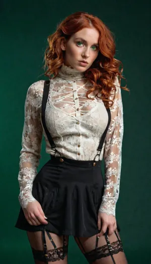 Young woman with gigantic saggy breasts, stands sideways, head turned towards the viewer, (lace tights, spaghetti straps with suspenders, mini skirt, turtleneck long sleeve sheer top), open midriff, ((bottom view)), red wavy hair, Green eyes, frecles, gray background, looking at the viewer, aroused, tack sharp, 4k, dslr