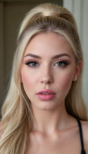Blonde girl, busty, ponytail, fake lips, (overfilled lips:1.7), puckered lips, long fake eyelashes, dsrk black eyeshadow, dark black eyeliner, glossy pink matte lipstcik, trimmed eyebrowes, barbienose, petite nose, cleavage, ((slightly bronze skin)), (ash blonde hair:1.4), ((tying her hair:1.5))